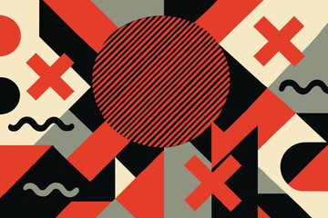 A large central circle with intersecting diagonal lines creates a focal point in this geometric composition. Bold crosses and wavy lines add movement,