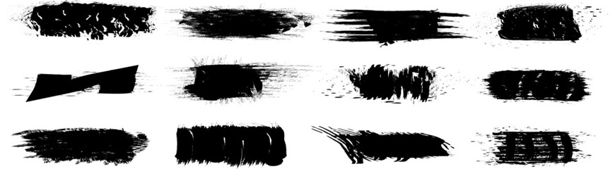 A collection of diverse black brush strokes is displayed against a clean white background. These strokes range in thickness and texture, showcasing unique artistic styles ideal for design projects