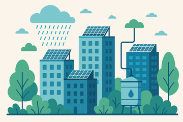 A cityscape with buildings equipped with solar panels, surrounded by trees and bushes. Rain falls from a cloud, symbolizing water collection. A tank