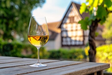  A glass of white wine in Alsace vineyard setting with traditional French architecture background
