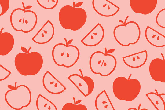 A dynamic pattern of vibrant red apples and slices decorates the pink background, creating a playful and inviting scene. The apples are simply