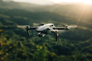 A drone flying over a lush green landscape with the sun shining in the distance creating a glow