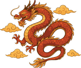 Obraz premium A traditional Chinese dragon, intricately coiled, exudes power as it floats amidst stylized clouds. The composition balances the dragon's serpentine