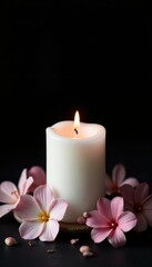 Single white candle, delicate flowers, stark black backdrop, monochrome, light, floral