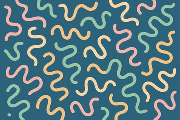A collection of abstract squiggles in various pastel shades emerges from a deep blue canvas. Each line twists and turns, seemingly in motion, forming