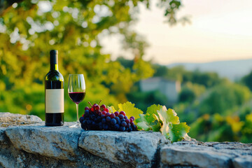 Fototapeta premium Wine glass and bottle with grapes in Valpolicella winery, Italy, scenic vineyard backdrop, sunset ambiance