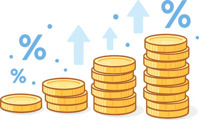 A stack of coins increasing in size, symbolizing financial growth. Each coin is detailed with subtle engravings and highlights. Surrounding the coins