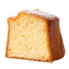 Slice of moist cake with powdered sugar Perfect for dessert or a sweet treat Delicious golden bake on a black background