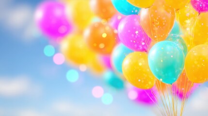 Colorful balloons float against a bright blue sky during a festive celebration