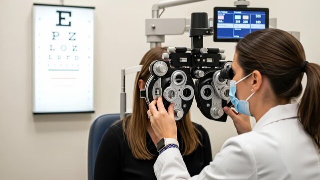 Woman undergoing an eye exam by masked optometrist in clinic. Professional checkup showing caring and expertise. . Healthcare, visual acuity, eye care.