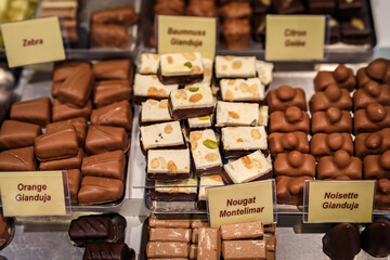 Gourmet Swiss chocolates gianduja and nougat, chocolatier in Zurich, Switzerland