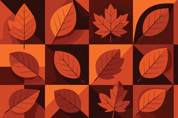 A collection of autumn leaves is depicted in various geometric shapes, each leaf unique in its pattern and arrangement. The leaves are interspersed