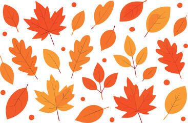 Obraz premium A collection of autumn leaves in various shapes and sizes, including maple and oak, spread across the canvas. The leaves are arranged in a scattered
