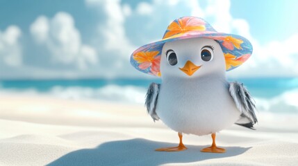 Obraz premium A charming cartoon bird wearing a colorful floral hat, standing on a sandy beach against a backdrop of ocean waves and sunny skies, evoking feelings of joy and relaxation.