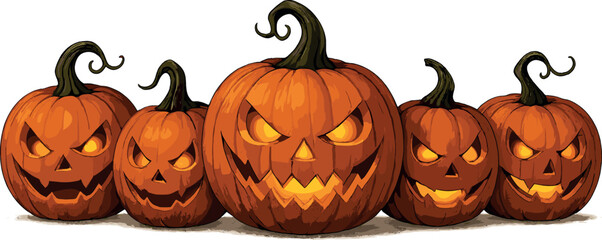 A row of carved pumpkin faces with menacing grins and glowing orange interiors, arranged in a playful lineup. Each pumpkin has a unique expression and