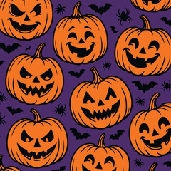 Orange jack-o'-lanterns with varying expressions, from sinister to cheeky, form a lively dance across a purple field. Their exaggerated features and