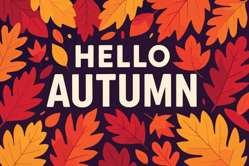A colorful autumn-themed advertisement with striking text in bold white, popping against a rich tapestry of fall foliage. Leaves in warm shades of