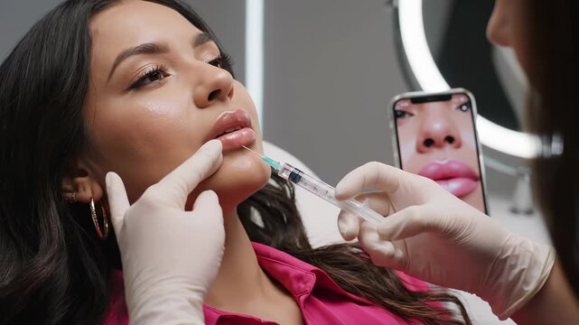 Woman receiving lip filler injection by cosmetologist in clinic. A close-up shot of beauty and enhancement. Aesthetic procedure, youthful appearance.
