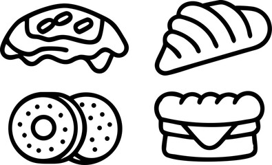 A collection of four stylized line art illustrations of different types of sandwiches and bread products.