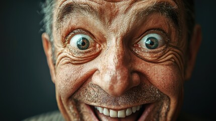 An animated older man with a playful smile and sparkling eyes conveys excitement and joy, capturing the essence of a lively personality in a bold and engaging manner.