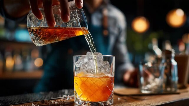 Closeup of bartender pouring whiskey or cocktail into glass with ice on bar counter with blurred background bar tools and garnish visible modern nightlife or drink preparation scene