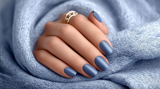 Elegant blue nail polish on manicured hand resting on soft textile
