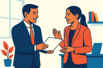 Two colleagues, one handing a document to the other, share a moment of understanding in a brightly lit office. The document symbolizes a project