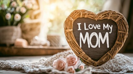 This heart-shaped wooden sign with chalk-style writing professes love for mom, beautifully accompanied by pastel roses, embodying a warm and personal tribute to mothers everywhere.