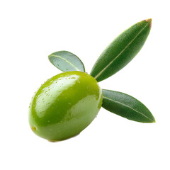 Obraz premium A vibrant green olive glistening with water droplets rests beside three fresh verdant leaves on a contrasting dark backdrop