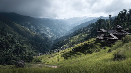 Fototapeta premium A terraced hillside village nestled amidst a mountain valley.