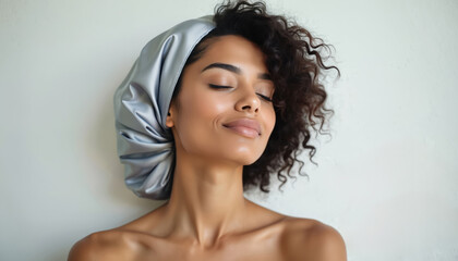 Young woman with afro hair wears silver satin bonnet for hair protection during sleep. This beauty routine accessory helps maintain hair health, prevent frizz. Ideal for nighttime skincare, wellness.