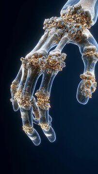 Clinical examination perspective highlighting multiple chalky urate tophi protruding subcutaneously around affected finger joint.