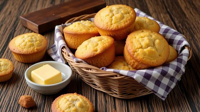 Golden corn muffins in a rustic basket are perfect for brunch baking tutorials or showcasing comfort food in your cooking video series!