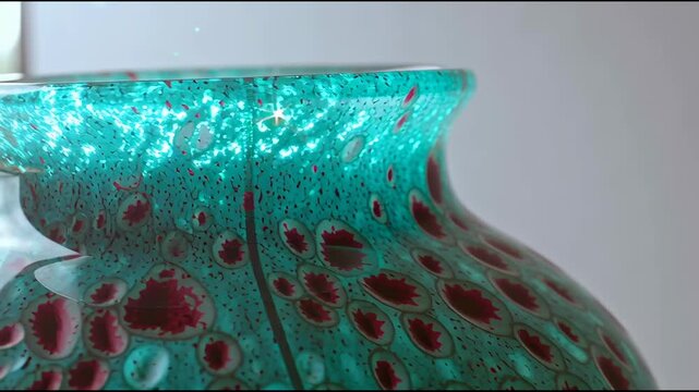 A beautifully crafted glass vase with intricate patterns and vibrant colors.