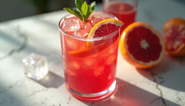 Refreshing glass of blood orange juice, vibrant red hues, garnished with orange slices and ice cubes. Perfect for a sunny day, this drink offers natural sweetness and a thirst-quenching citrus flavor.