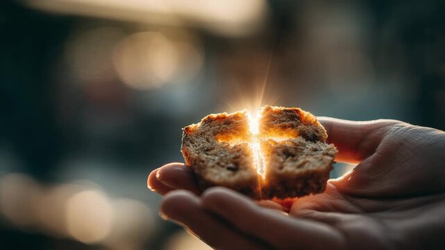 Hand holding bread slice with sunlight forming glowing cross symbol concept of faith hope christian religion spirituality divine blessing light and sacred holy food imagery in natural setting