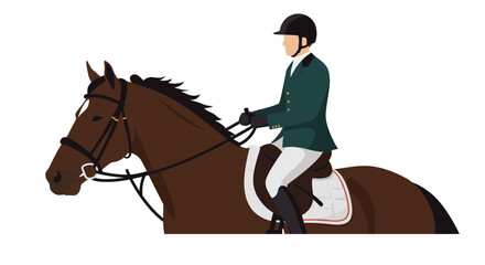 Elegant horse rider in green jacket and helmet participates in equestrian competition with focused expression