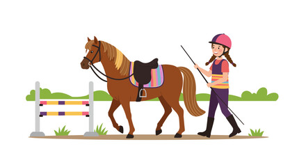 Young rider leads a brown horse past a colorful jump in a grassy field, ready for equestrian adventure.