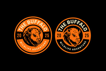 Wild buffalo head animal retro badge logo vector design set for adventure, outdoor, hunting. Bison head vintage emblem logo graphic pack. Bull wildlife animal illustration label element designs