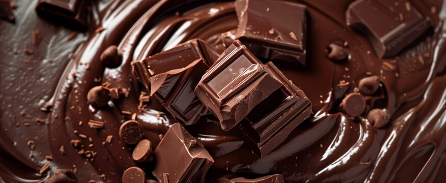 Tich, dark, melted chocolate texture with solid chunks of chocolate scattered throughout