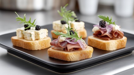 Creative appetizers served on a black plate in a modern kitchen setting