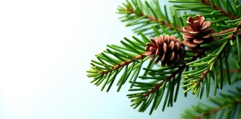Lush pine branch, cones, rich green needles, isolated , holiday, green, conifer