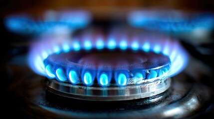 Close-up of a gas burner with a bright blue flame.