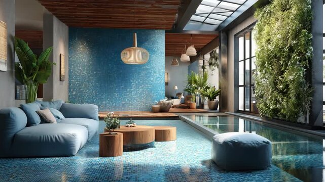 Modern luxury living room interior with indoor pool blue mosaic wall wooden ceiling large windows natural light and stylish furniture design concept of relaxation comfort and contemporary lifestyle