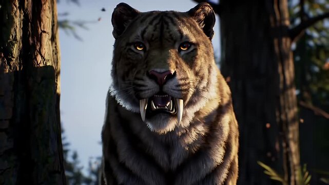 Saber-Toothed Tiger Snarling in Prehistoric Landscape