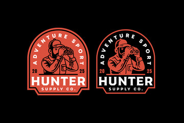 Hunter with binocular retro badge logo vector design set for adventure, outdoor. Man with binocular vintage emblem logo graphic pack. Bearded man with telescope illustration label element designs