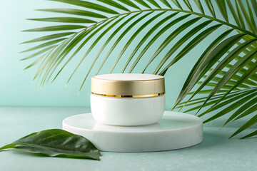 Face cream on a green dish with a porcelain cup and saucer, isolated