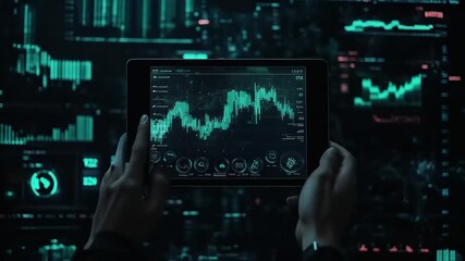 A financial analyst holds a tablet displaying real-time stock market data, with futuristic data visualization for business and investment strategy. - Powered by Adobe