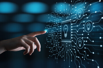 Hand touching digital light bulb idea innovation technology concept futuristic interface design
