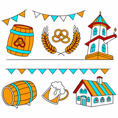 Vintage-Style Colorful Oktoberfest Vector Set Beer, Pretzels & Bavarian Elements.eps